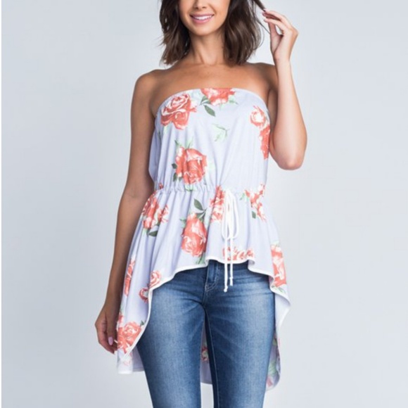 Floral Hi-Lo Strapless Waist Tie Top - Picture 4 of 4